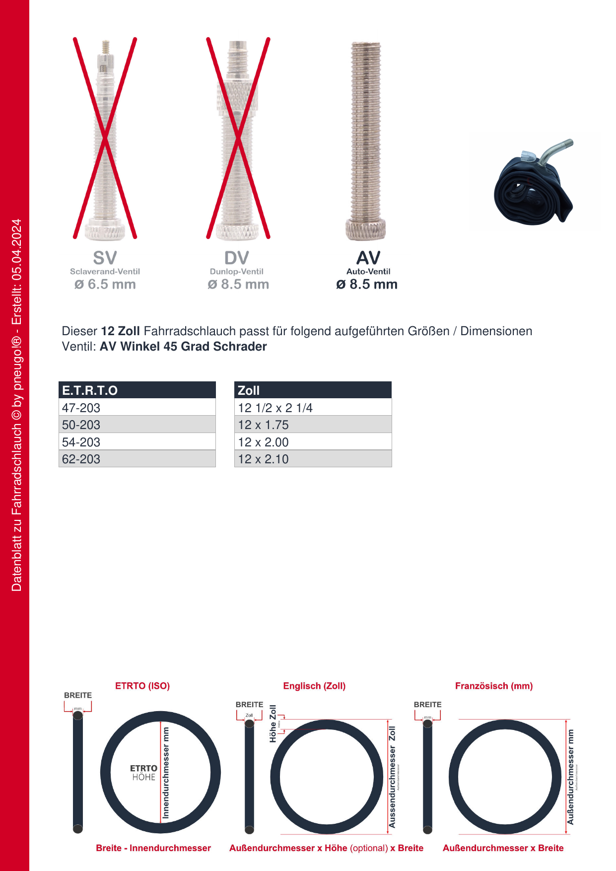 Fahrradschlauch Schwalbe AV1 45 Grad